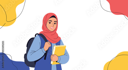 A happy young Muslim female student wearing a pink hijab and carrying a backpack and book with abstract shapes for copy space.