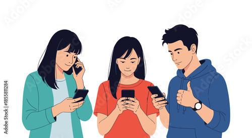 A group of three diverse young people standing together while using their smartphones for communication and social media.