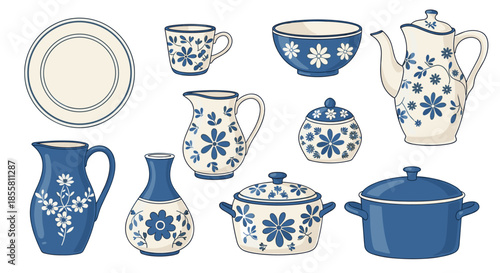 A beautiful collection of vintage blue and white ceramic pottery with floral patterns including plates pots cups and vases.