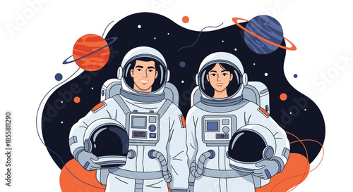 A portrait of a male and female astronaut team in modern spacesuits holding their helmets with planets in the background.