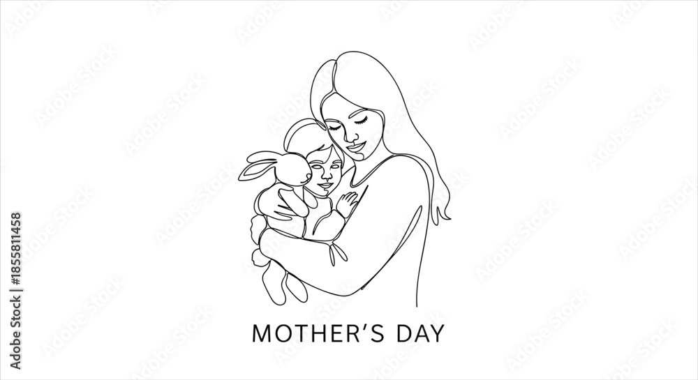 Obraz premium A minimalist continuous one line drawing of a mother lovingly embracing her child for a Happy Mother's Day greeting card.