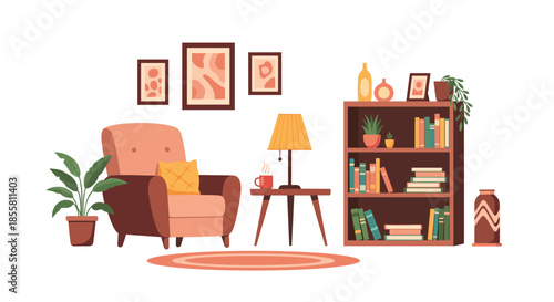 A cozy and stylish living room interior with a comfortable armchair a bookshelf a side table with a lamp and plants.