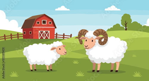 A cheerful cartoon farm scene with a fluffy white sheep and a ram grazing in a green pasture near a red barn.