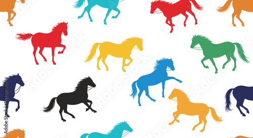 A vibrant and colorful seamless pattern of horse silhouettes in various dynamic poses on a clean white background.