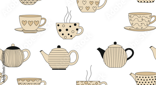 A cute seamless pattern of hand-drawn doodle style teapots and teacups with simple patterns on a clean white background.