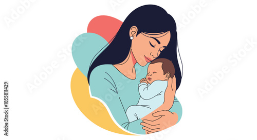 A beautiful and loving young mother is tenderly holding her sleeping newborn baby against a background of abstract shapes.