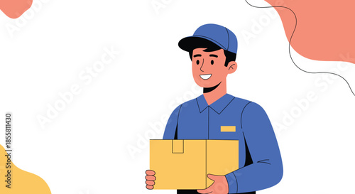 A friendly male courier in a blue uniform and cap smiling while holding a cardboard package with abstract shapes and copy space.