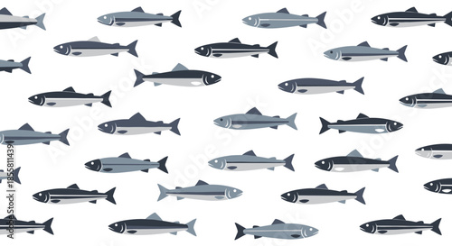 A simple and modern seamless pattern of stylized gray and blue fish like sardines or herring swimming on a white background.