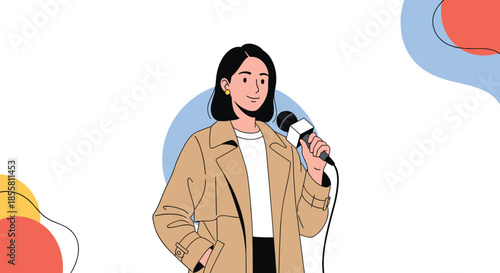 A confident female journalist or news reporter in a trench coat holding a microphone and speaking with abstract background shapes.