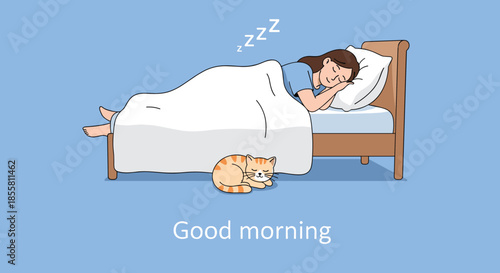 A peaceful cartoon scene of a woman sleeping soundly in her bed with her ginger cat sleeping on the floor below.