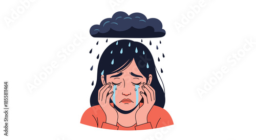 An illustration of a sad woman crying with a dark storm cloud raining over her head symbolizing depression and grief.