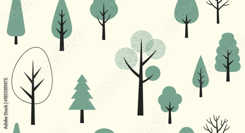 A seamless pattern of minimalist and stylized Scandinavian-style trees in muted green tones on a light cream background.