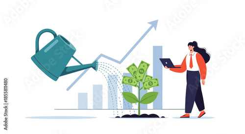 A businesswoman waters a money tree with a watering can to illustrate successful investment financial growth and profit.