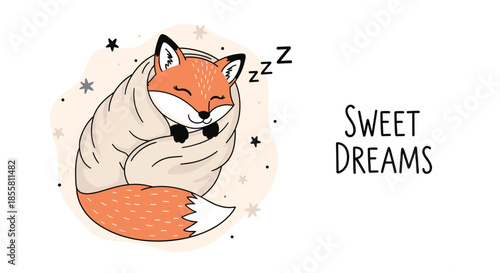 An adorable cartoon fox is sleeping peacefully while wrapped snugly in a warm blanket with the text Sweet Dreams beside it.