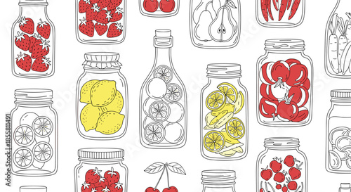 A seamless pattern of hand-drawn glass jars filled with various preserved fruits and vegetables like lemons and tomatoes.