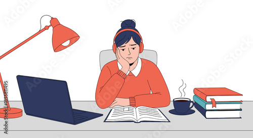 A bored and tired female student wearing headphones sits at her desk with a laptop and books during a long study session.