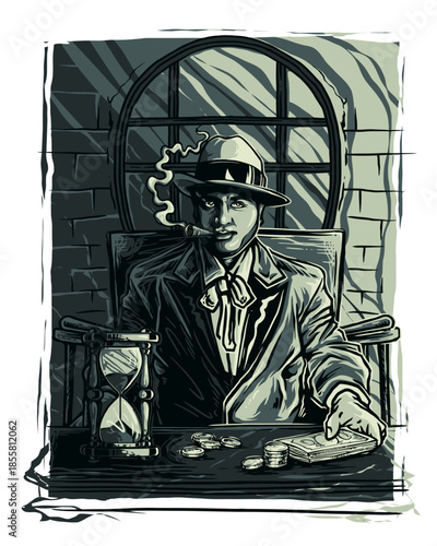 Vintage Mysterious Man Smoking Cigar with Hourglass and Money