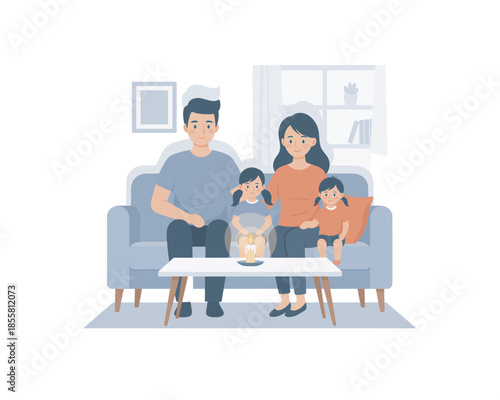 Family Portrait: A close-knit family, comprised of parents and their two children, sits together in their home. The family expresses their warmheartedness.