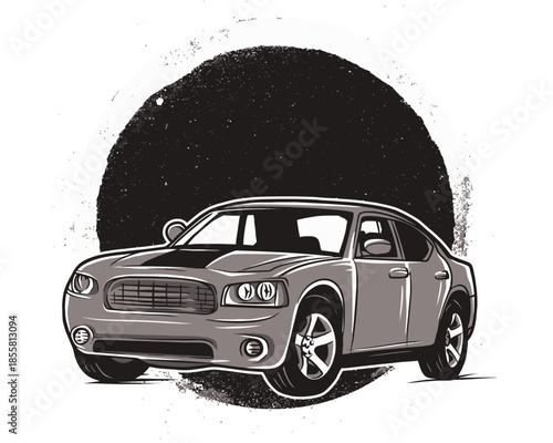 Sleek Modern Sedan Car Illustration with Grungy Circle Backdrop