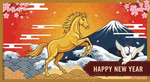 Year of the Horse golden rearing stallion vector with Mount Fuji red sunrise crashing waves and flying crane.