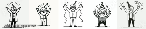 vector line art of a grandfather stand waving his hand wearing a party hat