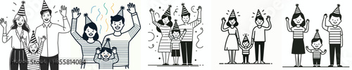 vector line art of a family waving their hand wearing a party hat