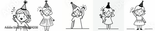 vector line art of a little girl waving her hand wearing a party hat