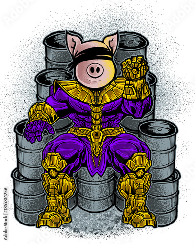 Funny Warrior Pig Character Sitting on Barrels Graphic Design