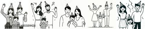 vector line art of a family waving their hand wearing a party hat