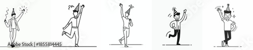 vector line art of a man stand waving his hand wearing a party hat