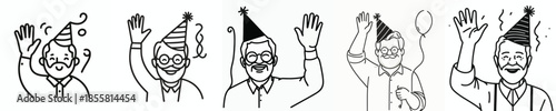 vector line art of a grandfather waving his hand wearing a party hat