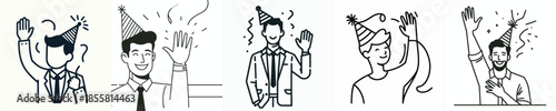 vector line art of a man waving his hand wearing a party hat