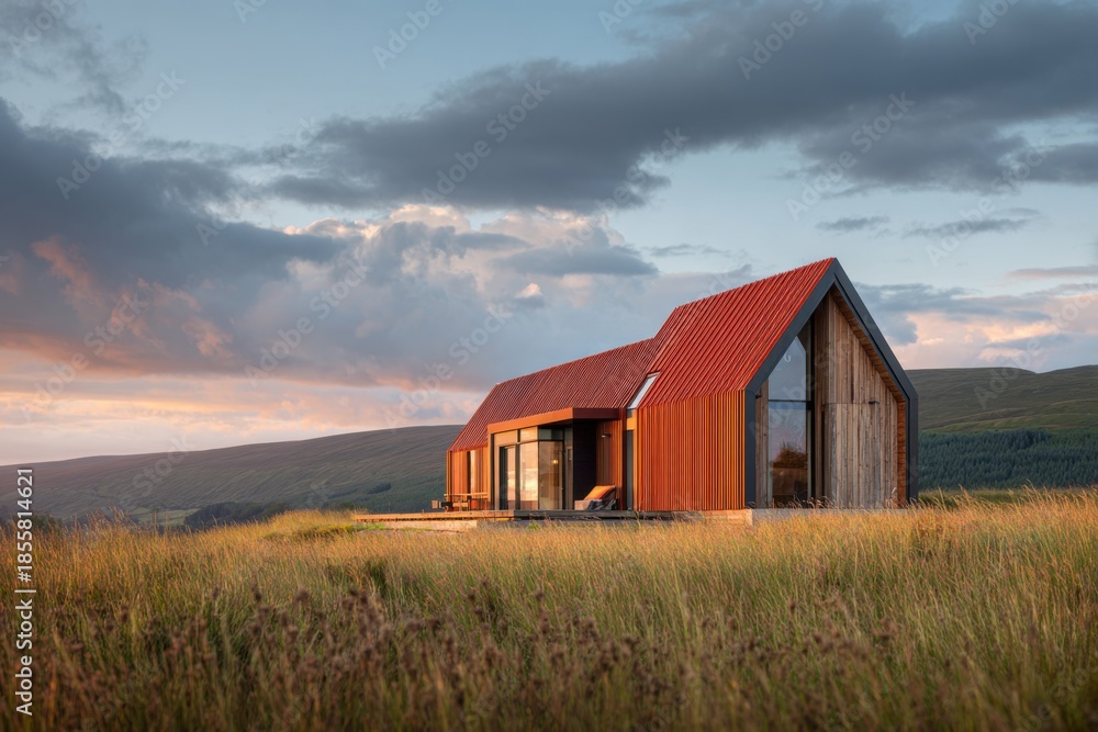 Obraz premium A contemporary house is situated on a hillside, surrounded by lush green grass in the foreground and majestic mountains rising in the background, all illuminated by the warm hues of sunset