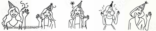 vector line art of a woman waving her hand wearing a party hat