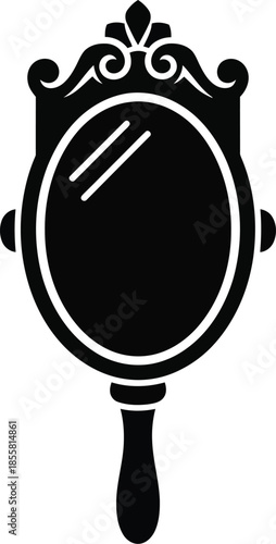 Black silhouette icon of an ornate vintage handheld mirror with decorative frame