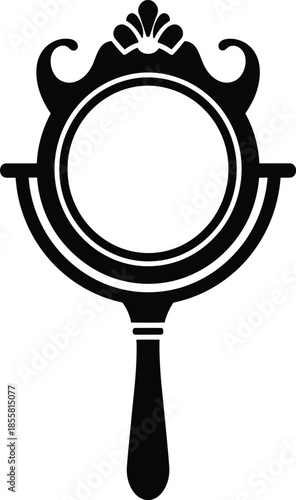 An ornate vintage hand mirror icon presented as a black silhouette on a white background