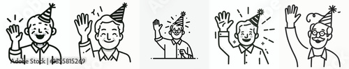 vector line art of a grandfather waving his hand wearing a party hat