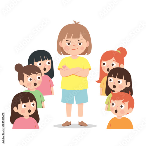 Young girl standing confidently among surprised children illustrating Bullying & Social Exclusion