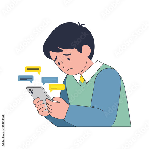Young man looking at phone with concern over messages depicting bullying