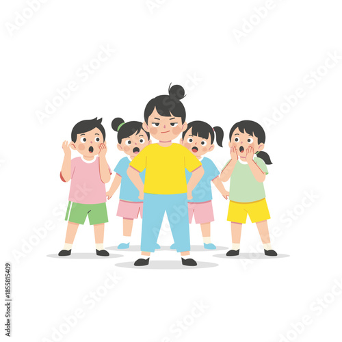 Group of children bullying a girl in colorful summer clothing  