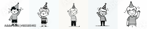 vector line art of a little boy stand waving his hand wearing a party hat