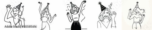 vector line art of a woman waving her hand wearing a party hat
