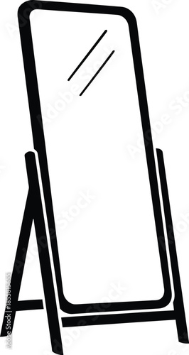 Black and white line art icon of a full-length mirror with a stand for home or retail use.