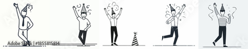 vector line art of a man stand waving his hand wearing a party hat