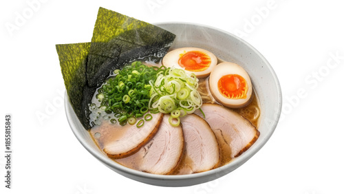 Isolated delicious ramen bowl featuring egg, chashu, nori, and scallions, close-up view