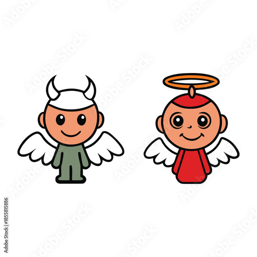 Playful contrast of angel halo and devil horns fused in one design, symbolizing inner balance, temptation, and virtue in a bold, whimsical illustration.
