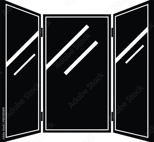 Trifold mirror icon showing three panels with reflections in a black and white minimalist style