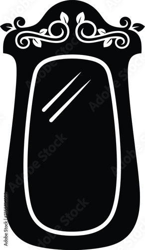 Elegant vintage mirror icon with ornamental frame scrollwork, isolated black silhouette