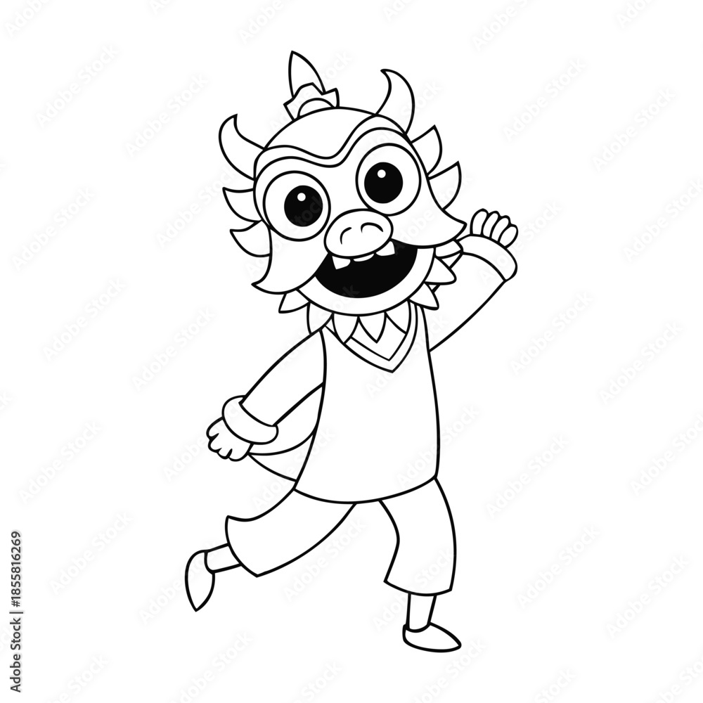Obraz premium Fun dragon dance coloring page featuring a long swirling dragon, festive drums and lanterns, bold outlines and lively motion, perfect for kids and adults to color and celebrate tradition. 