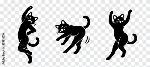 Ultra-minimal black cat silhouettes dancing with fluid, expressive poses smooth continuous contours, balanced proportions, and bold high-contrast shapes creating a playful yet modern look .
